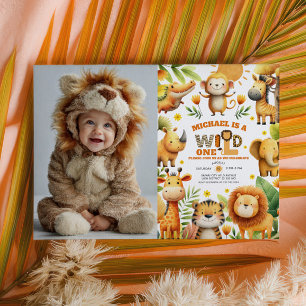 Söta Safari Djur VILD EN 1-års Födelsedagsfoto Inbjudningar