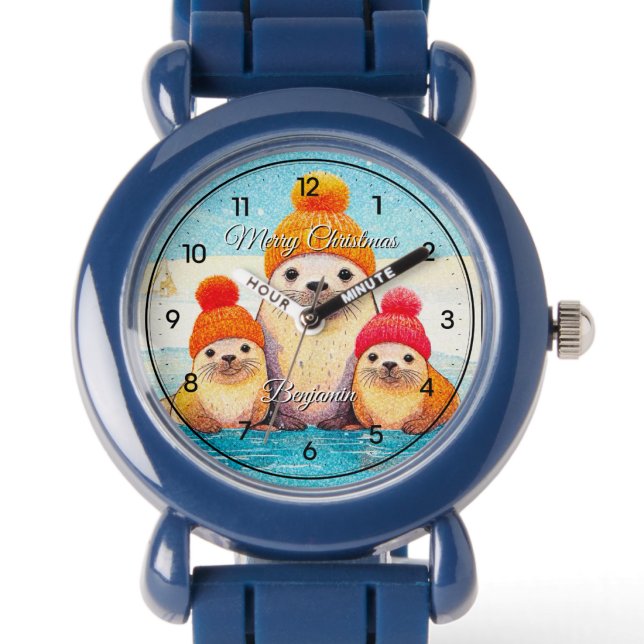 Söta sälar med stickad mössa julillustration armbandsur (Skapare uppladdad)