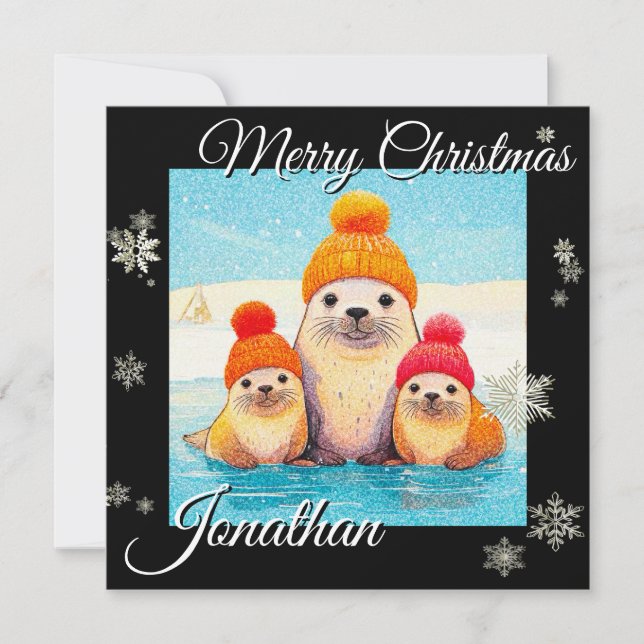Söta sälar med stickad mössa julillustration julkort (Framsida)