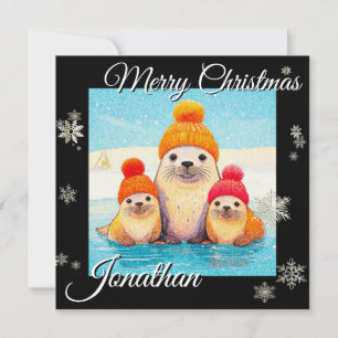 Söta sälar med stickad mössa julillustration julkort