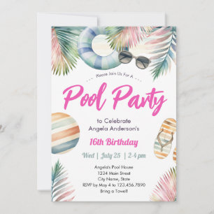 Söta sexton födelsedags poolparty inbjudan