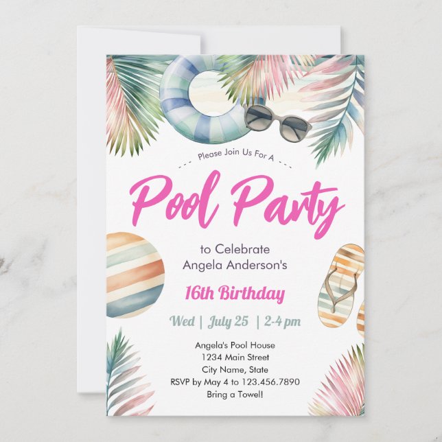 Söta sexton födelsedags poolparty inbjudan (Framsida)