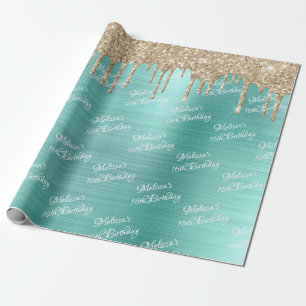 Söta sextonde födelsedagen Teal Guld Drives Glit Presentpapper