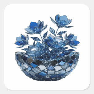 Söta silverblå glasblommor vinylstil fyrkantigt klistermärke