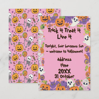 Söta skelett och rosa godis för Halloween Inbjudningar