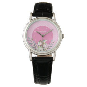 Söta skira vita snödroppar Bladrika rosa prickar Armbandsur