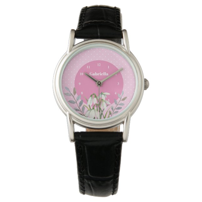 Söta skira vita snödroppar Bladrika rosa prickar Armbandsur (Framsida)