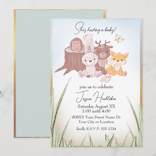 Söta Skogsdjur Baby Shower Inbjudningar (Fram/baksida)