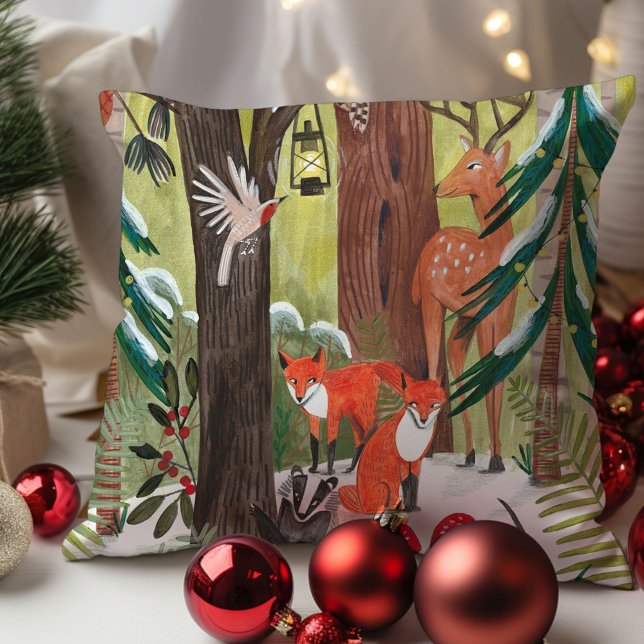 Söta skogsdjur Grön jul  Kudde (Cute Woodland animals Green Christmas Throw Pillow)