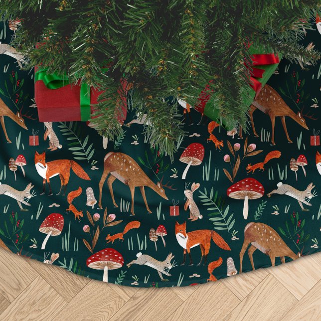 Söta skogsdjur Grön jul skog Julgransmatta Borstad Polyester (Cute Woodland Animals Green Christmas Forest Brushed Polyester Tree Skirt)