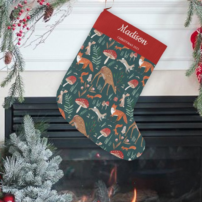Söta skogsdjur Grön jul skog Stor Julstrumpa (Cute Woodland Animals Green Christmas Forest Large Christmas Stocking)