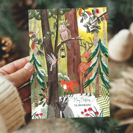 Söta skogsdjur grön skog jul helgkort