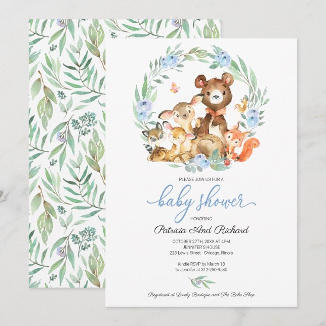 Söta Skogsdjur Grönska Baby Shower Inbjudningar (Fram/baksida)
