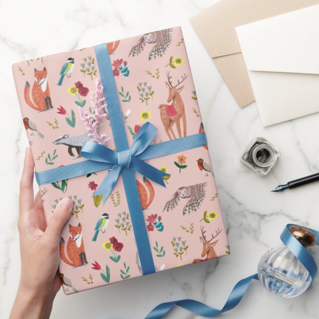 Söta skogsdjur Rosa babyfest Presentpapper (Gifting)
