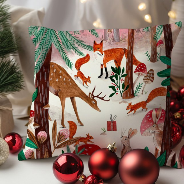 Söta skogsdjur rosa och grön skog kudde (Cute Woodland animals pink and green forest Throw Pillow)