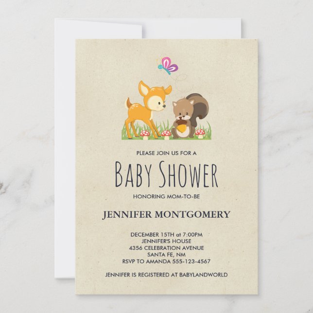 Söta Skogsdjur Tecknad Baby Shower Inbjudningar (Framsida)