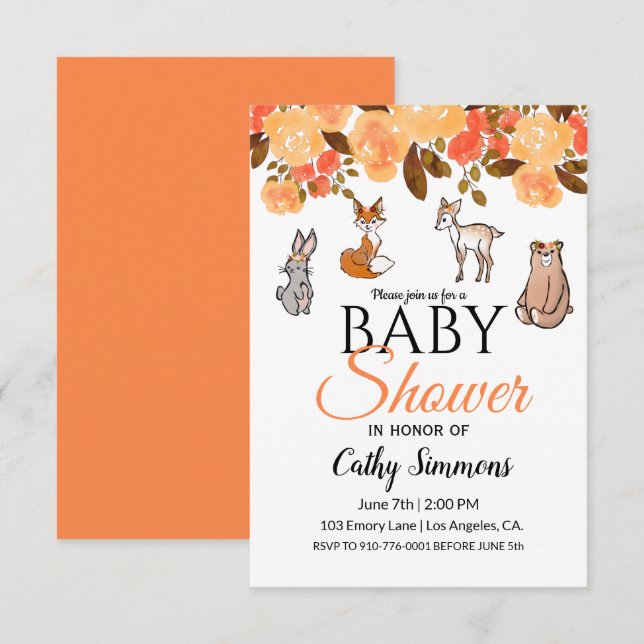 Söta skogsungdjur | Baby Shower Inbjudningar (Fram/baksida)
