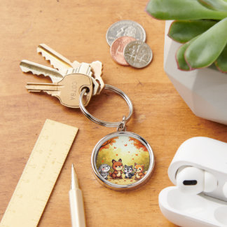 Söta skogsvänner rund silverfärgad nyckelring