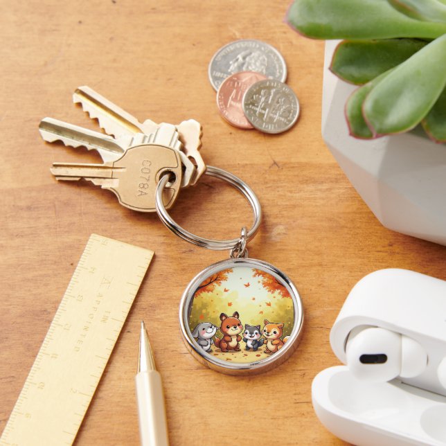 Söta skogsvänner rund silverfärgad nyckelring (Skrivbord)