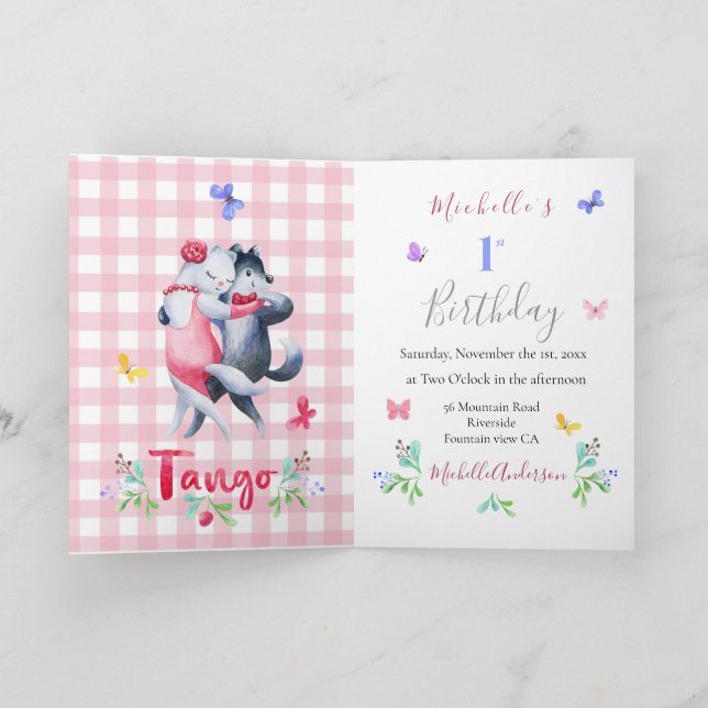 Söta skogsvargar Tango 1-årsdans Temadekoration Inbjudan (Inuti)