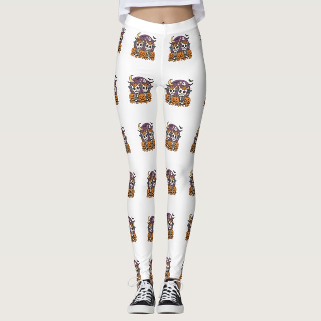 Söta skrämmande skelettkor med pumpor  leggings (Framsida)