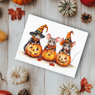 Söta små akvarellmöss Halloween-pumpor Vykort