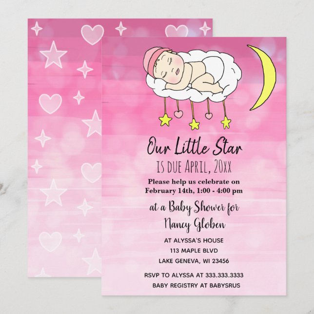 Söta små Baby rosa stjärnor och månar flickor Inbjudningar (Fram/baksida)