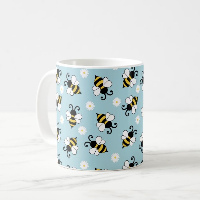 Söta små bin och daisy blommor mönster kaffemugg (Framsida vänster)