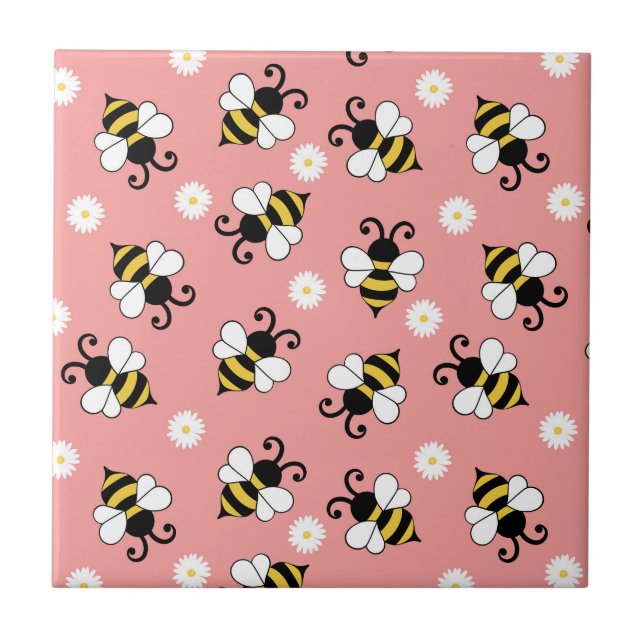 Söta små bin och daisy blommor mönster kakelplatta (Framsidan)