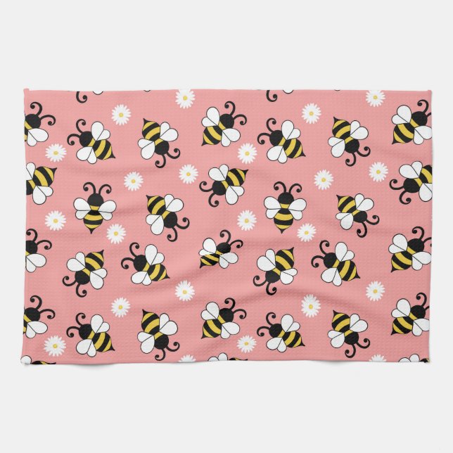 Söta små bin och daisy blommor mönster kökshandduk (Horisontell)