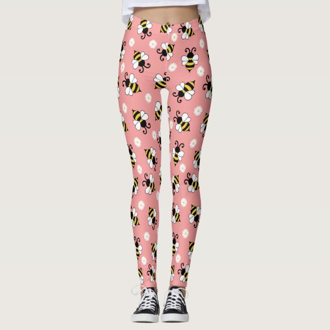 Söta små bin och daisy blommor mönster leggings (Framsida)