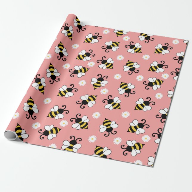 Söta små bin och daisy blommor mönster presentpapper (Utrullad)