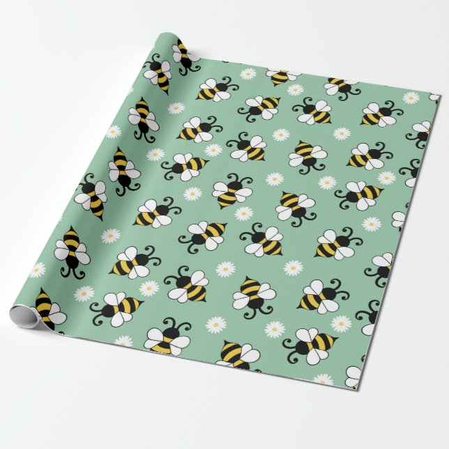 Söta små bin och daisy blommor mönster presentpapper (Utrullad)