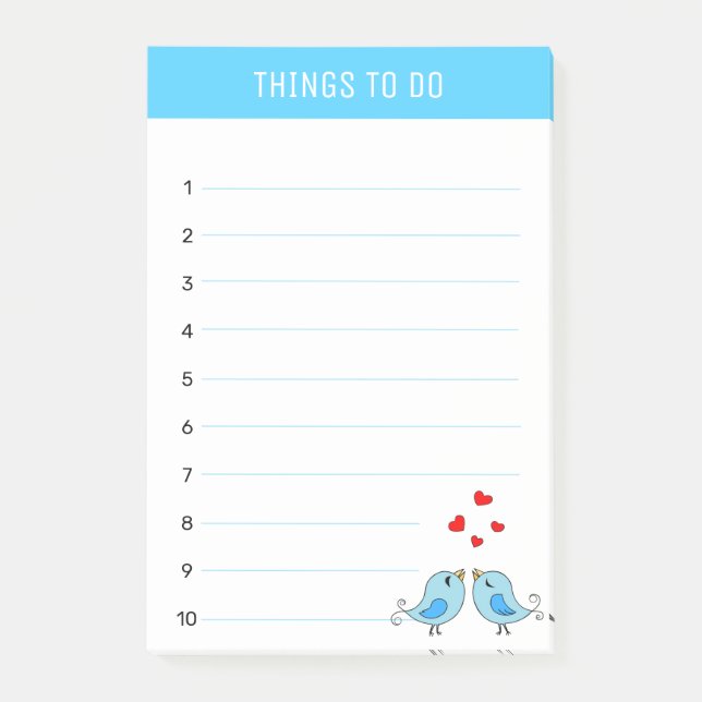 Söta små blå fåglar & hjärtan Att Göra-linjerade Post-it Block (Framsida)