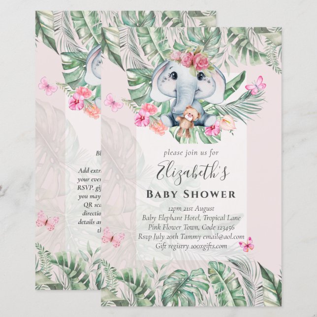 Söta små elefantflickor Baby Shower-inbjudningar (Fram/baksida)