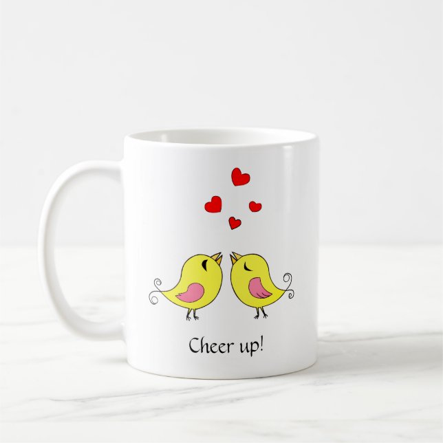 Söta små kanariefåglar, hjärtan & kalligrafi kaffemugg (Vänster)