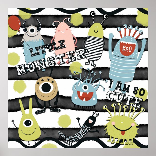 Söta små monster Modern Chic Vattenfärg Rand Poster (Framsidan)