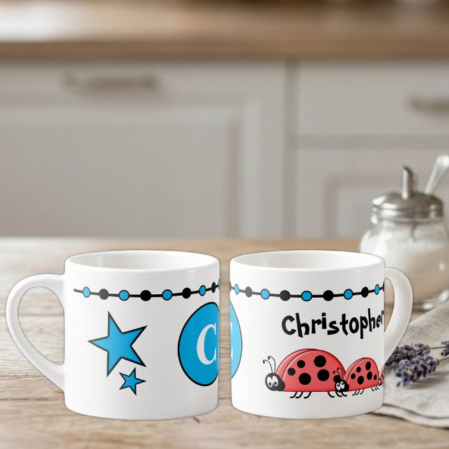Söta små nyckelpigor namn initial blå espressomugg (Skapare uppladdad)