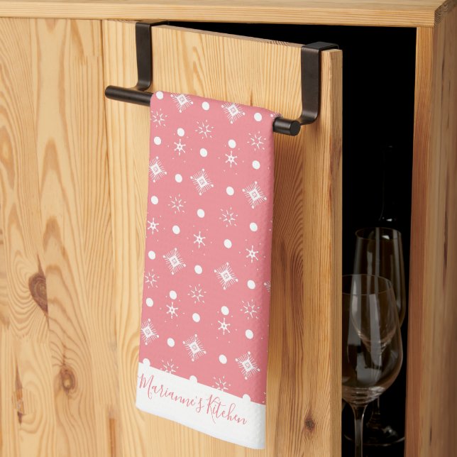 Söta snöflingor Rosa Vitt Mönster Skriptnamn   Kökshandduk (Thirds Fold)