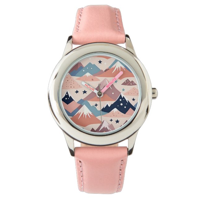 Söta snöiga berg och stjärnmönster rosa armbandsur (Framsida)