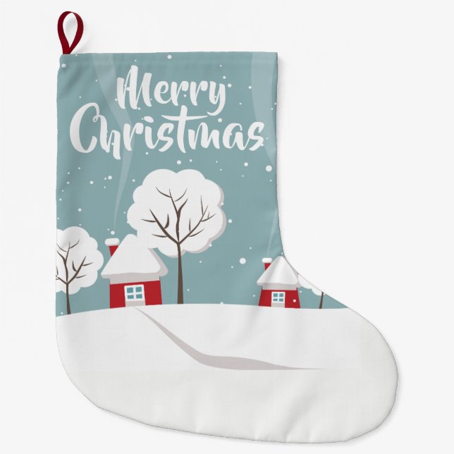 Söta snöiga hus och julgranar jul stor julstrumpa (Framsidan)