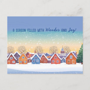 Söta snöiga hus vinterlandskap jul helg vykort