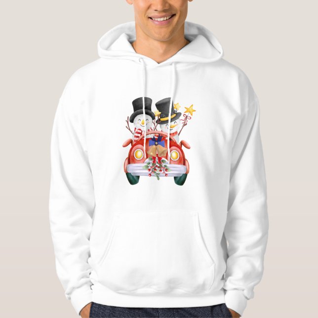 ☃️ Söta Snömän Drar Röd Julbil Hoodie (Framsida)
