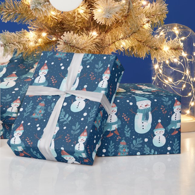 Söta snömän grönska snö blå jul presentpapper (Helgdagar)