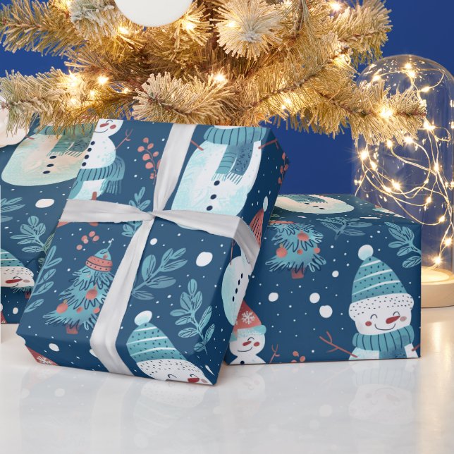 Söta snömän grönska snö blå jul presentpapper (Helgdagar)