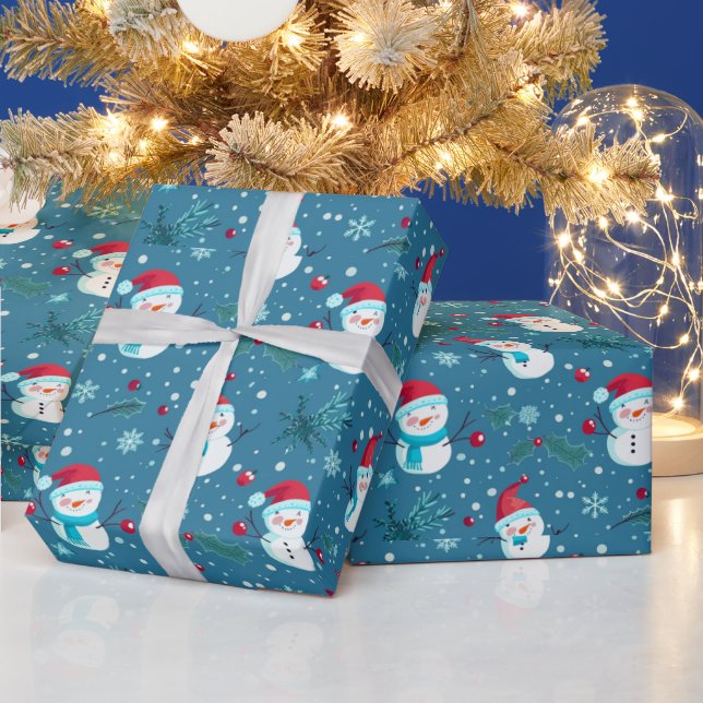 Söta snömän grönska snö blå jul presentpapper (Helgdagar)