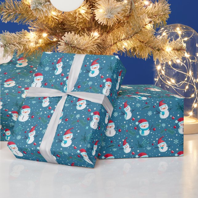 Söta snömän grönska snö blå jul presentpapper (Helgdagar)