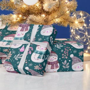 Söta Snömannar Grönska Snöflingor Grön Jul Presentpapper