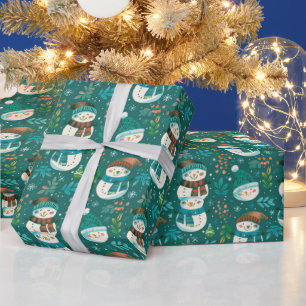 Söta Snömannar Grönska Snöflingor Grön Jul Presentpapper