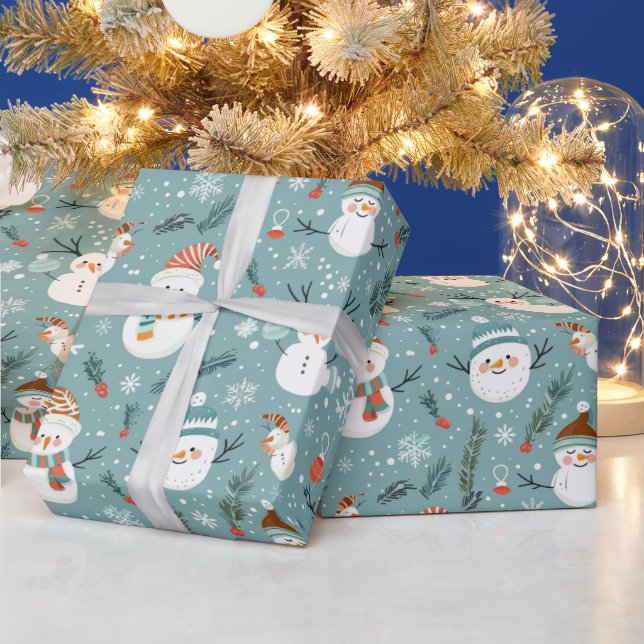 Söta Snömannar Snöflingor Grön Jul Presentpapper (Helgdagar)